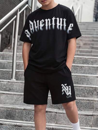 SHEIN 2pcs/Set Kids Tween Boys Casual Stylish Ombre Letter Print Round Neck Short Sleeve T-Shirt And Shorts Set, Suitable For Summer