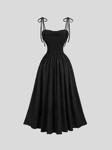 Sweetra Französisches Retro-Maxikleid in Unifarbe mit Spaghettiträgern - Schwarz - Übersicht 2