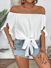 SHEIN PETITE CURVE 大码白色露肩荷叶边短袖休闲衬衫 - 白色 - 查看 5