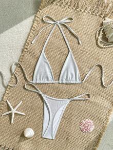 Swim SXY Bãi biển mùa hè Bộ bikini kim loại Micro Tam giác áo ngực & Vòng chữ O Liên kết thông 2 mảnh Bikini - trắng - Xem 6