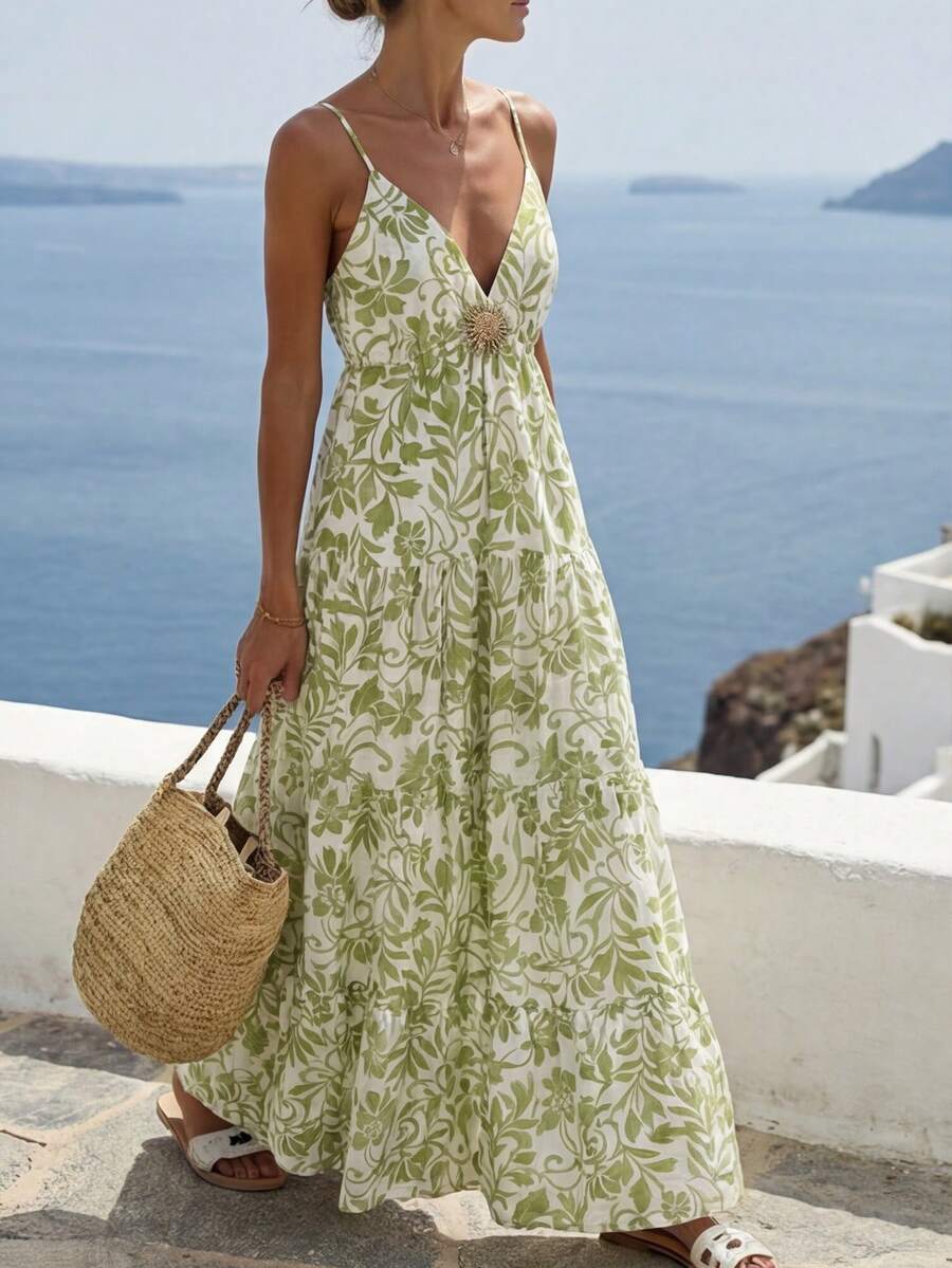 Breezaya Đầm nữ bằng vải lanh in họa tiết, thắt nút tre đơn, trang trí khóa kim loại lớn, dáng chữ A xếp tầng, không tay, dài maxi, phong cách cổ điển lãng mạn Pháp thanh lịch, phù hợp cho công sở, đi biển, dạo phố, mùa xuân/hè. Đầm hè nữ, trang phục hè nữ, đầm maxi nữ, đầm đi nghỉ mát nữ, đầm xuân nữ. - màu xanh lá - Xem 1