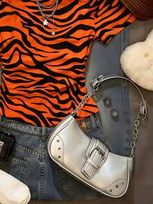 Glimmora Women's Summer Fashion Asymmetric Neck Zebra Print T-Shirt - White - View 4