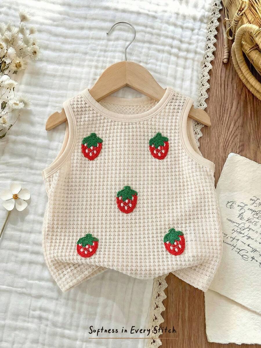 Cozy Pixies Baby Girl Strawberry Pattern Knit Soft Round Neck Sleeveless Vest - Multicolor - View 1