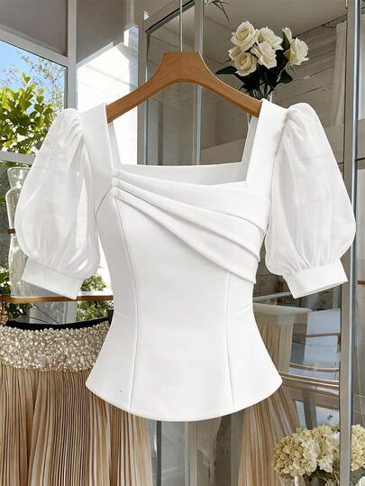 Franclia Women's Elegant White Mesh Patchwork Square Collar Short Sleeve Blouse