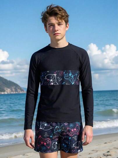 SHEIN 2件套青少年男童休闲彩色拼接针织面料防晒衣和泳裤，时尚泳装，适合游泳、度假、夏季穿着