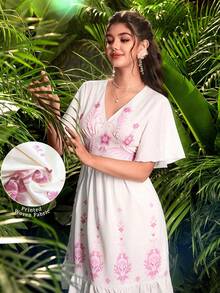 Modelyn Đầm nữ kiểu Pháp họa tiết hoa, cổ chữ V, viền bèo nhún, eo thắt, tay ngắn. - Hồng - Xem 4