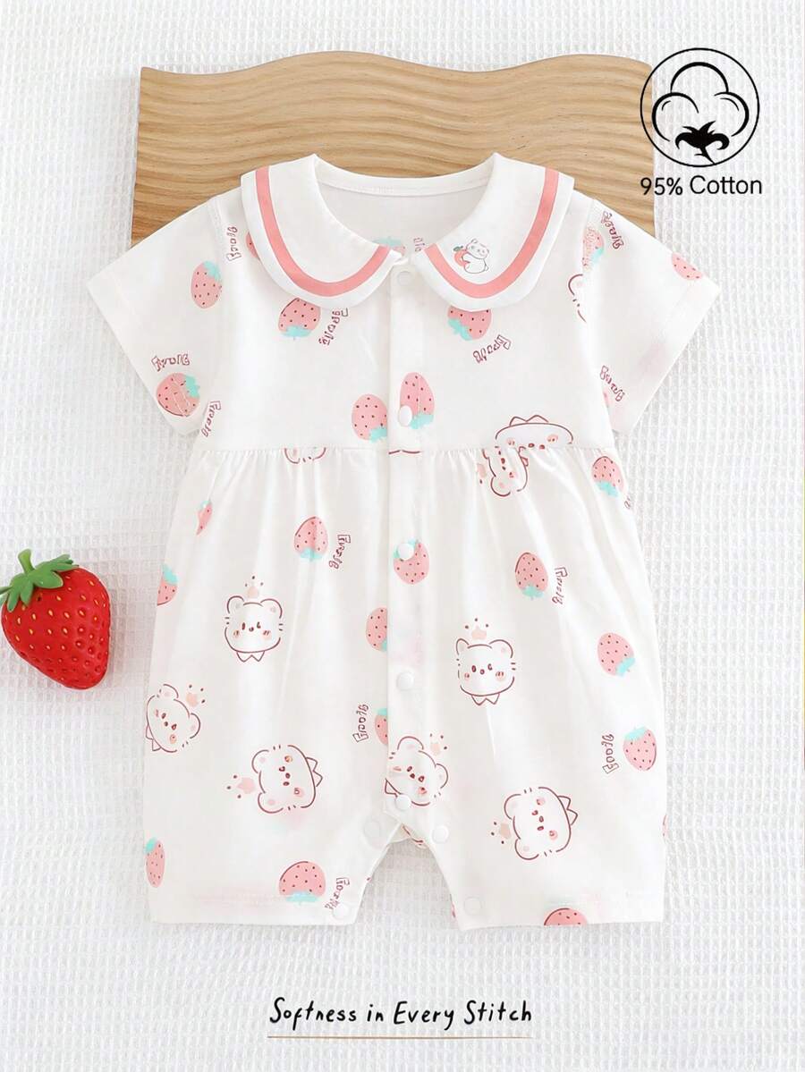 SHEIN Bộ đồ liền thân cho bé gái thời trang xuân/hè 2026 mới, chất liệu cotton mềm mại, in hình dâu tây hoạt hình, kiểu công chúa, thích hợp mặc hàng ngày và đi nghỉ mát, dễ dàng mặc vào/cởi ra bằng nút bấm. - Nhiều màu - Xem 1