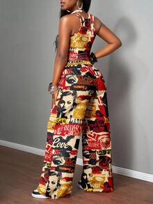 Slaydiva Conjunto de 2 piezas de top corto y pantalones con estampado todo sobre en talla grande para verano - Multicolor - Ver 2
