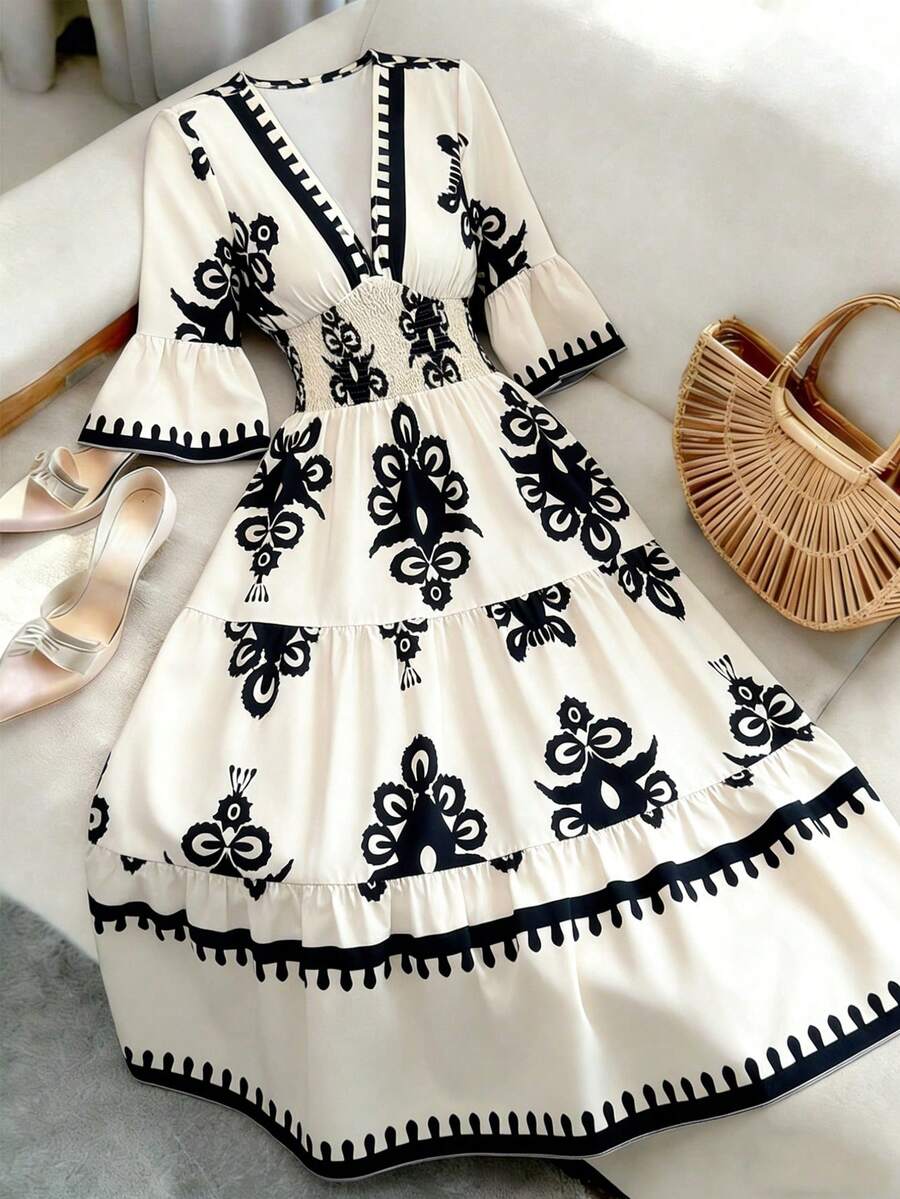 Selianne 2025 春夏新款欧美花卉复古印花深 V 领收腰 A 字形连衣裙 - 彩色 - 查看 1