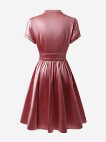Balvessa Women's Elegant Notched Neck Ruched A-Line Dress, Flattering Waist Design, Glossy Fabric, Suitable For Commuting And Outings In Spring/Summer - Pink - View 2