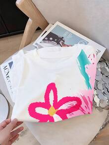 Resyla 色彩缤纷的Y2K多巴胺花卉印花加大码女式圆领宽松T恤 - 白色 - 查看 3