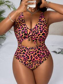 Slaydiva Traje de baño de una pieza con estampado de leopardo aleatorio elegante y de moda para mujer de talla grande - Multicolor - Ver 5