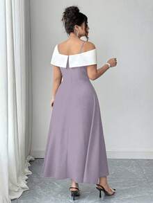 SHEIN PETITE Gaun A-Line Midi Wanita Ukuran Plus Elegan dengan Blok Warna, Tali Bahu Tipis, Bahu Terbuka, dan Pita, Musim Panas - Purple - View 2