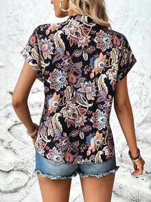 EMERY ROSE Paisley Print Cutout Collar Casual Vacation Shirt Boho Shirts Women Womens Shirts For Summer - Black - View 2