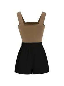 GlowEve 2026春夏新款法式优雅时尚设计棕色吊带方领修身上衣+白色弹力腰阔腿短裤两件套休闲度假女装 - 彩色 - 查看 4