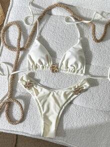 Swim Chiccia Women's Solid Color Halter Neck Floral Metal Jewelry Bikini Set, Spring/Summer - Beige - View 2