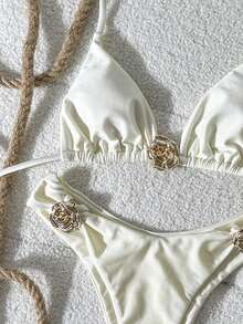 Swim Chiccia Women's Solid Color Halter Neck Floral Metal Jewelry Bikini Set, Spring/Summer - Beige - View 6