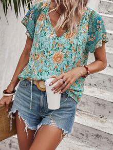 SHEIN Unity Floral Print Tie Neck Blouse - Green - View 4