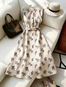 Franclia 优雅无袖圆领修身中长连衣裙，杏色底泡泡印花，女士夏季新款时尚单品 - 彩色 - 查看 2