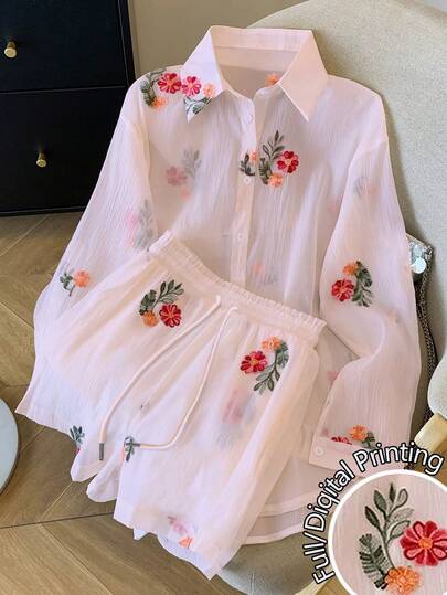 Resyla Women Loose Regular Chiffon Floral Embroidery Drop Shoulder Long Sleeve Shirt + Shorts Casual Suit
