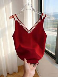Franclia 女士纯色V领珍珠串珠吊带背心，时尚优雅 - 紅色 - 查看 4