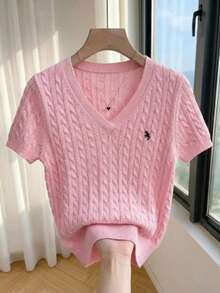 Franclia European And American Spring/Summer New V-Neck Embroidered Textured Rib Knit Design Casual Women Sweater Top Cute Pink Top Pink Cable Knit Top Pink Short Sleeve Sweater Pink Polo Top Pink Knitted Top - Pink - View 1