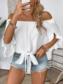 SHEIN PETITE CURVE 大码白色露肩荷叶边短袖休闲衬衫 - 白色 - 查看 3