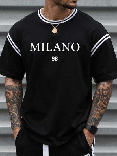 Manfinity Homme 男士黑色短袖T恤，复古球衣设计，简约图案印花，美式运动休闲风格，米兰96号T恤，罗纹袖二合一T恤