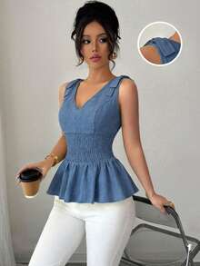 Endroma 女士时尚优雅收腰褶皱吊带背心 - 霧霾藍 - 查看 2