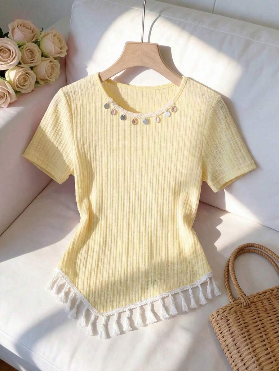 GlowEve Women's Elegant Casual Shell & Tassel Asymmetric Hem Short Sleeve T-Shirt - Baby Blue - View 1