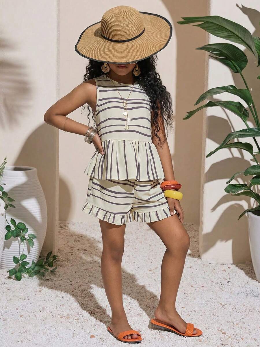 2pcs/Set Girls Sleeveless Woven Striped Tank Top With Bow Decor & Elastic Waist Loose Casual Shorts, Summer Vacation Comfortable Set - Beige - View 1