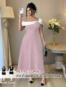 SHEIN PETITE Gaun A-Line Midi Wanita Elegan dengan Blok Warna, Tali Bahu Tipis, Bahu Terbuka, dan Pita, Musim Panas - Berwarna merah muda - View 3