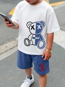 SHEIN 2pcs Tween Boys Casual Bicolor Bear Graphic Short Sleeve T-Shirt + Shorts Set,Kids - White - View 5