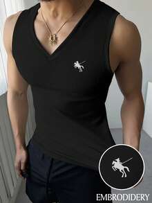 Manfinity Áo tank top nam cổ chữ V in hình hiệp sĩ, kiểu dáng thường ngày, đa năng. - màu đen - Xem 1