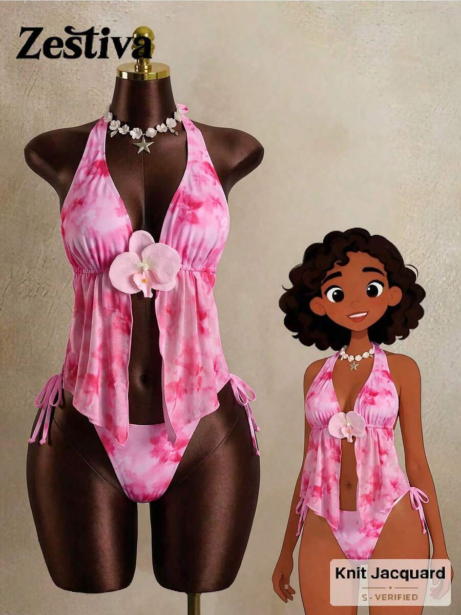 Zestiva 女士夏季海滩度假随机扎染印花3D花卉装饰吊带露背性感吊带背心和比基尼套装 - 粉色 - 查看 1