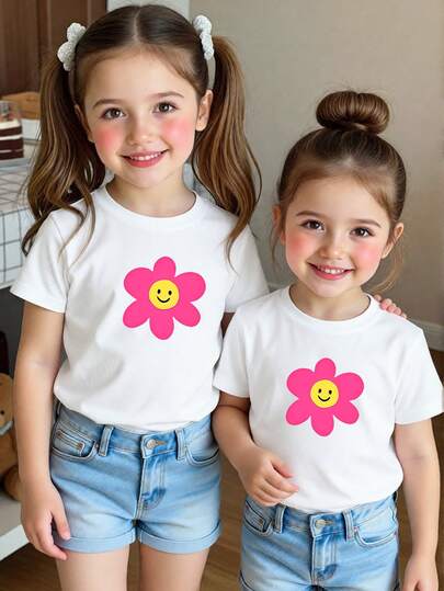 Camiseta básica blanca de manga corta con estampado de flores y caras de dibujos animados, de estilo minimalista y fresco, ideal para uso diario y cómodo para niñas pequeñas, adecuado para primavera, verano y otoño
