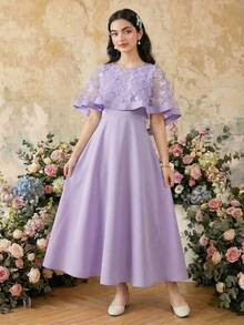 SHEIN 少女优雅派对3D蝴蝶装饰网纱拼接连衣裙 - 紫色 - 查看 3