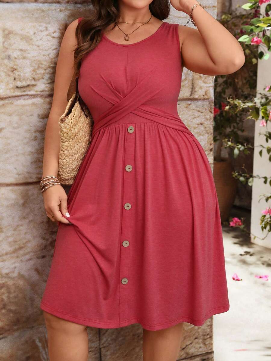 EMERY ROSE Plus Size Knit Camisole Dress With Round Ring Front Button Decor And Twist Detail, Casual - Redwood - View 1