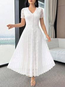 Feyla Đầm dài ren cổ chữ V, thắt eo thanh lịch dành cho nữ, thích hợp cho các buổi hẹn hò và tiệc tùng. - trắng - Xem 5