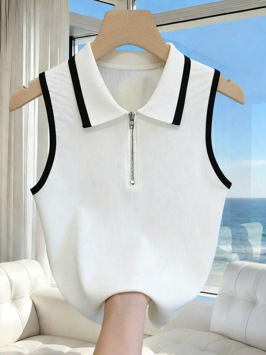 Franclia Women's Elegant Contrast Trim Sleeveless Polo Neck T-Shirt - Grey - View 1