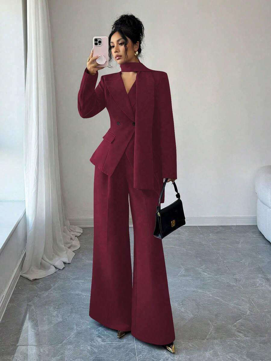 SHEIN Elenzya Bộ vest công sở thanh lịch màu trơn gồm áo khoác hai hàng cúc và quần ống rộng. - Màu Đỏ Sâu - Xem 1