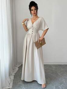 Elenzga 新款春夏休闲优雅V领蝙蝠袖褶皱松紧腰连衣裙 - 卡其色 - 查看 4