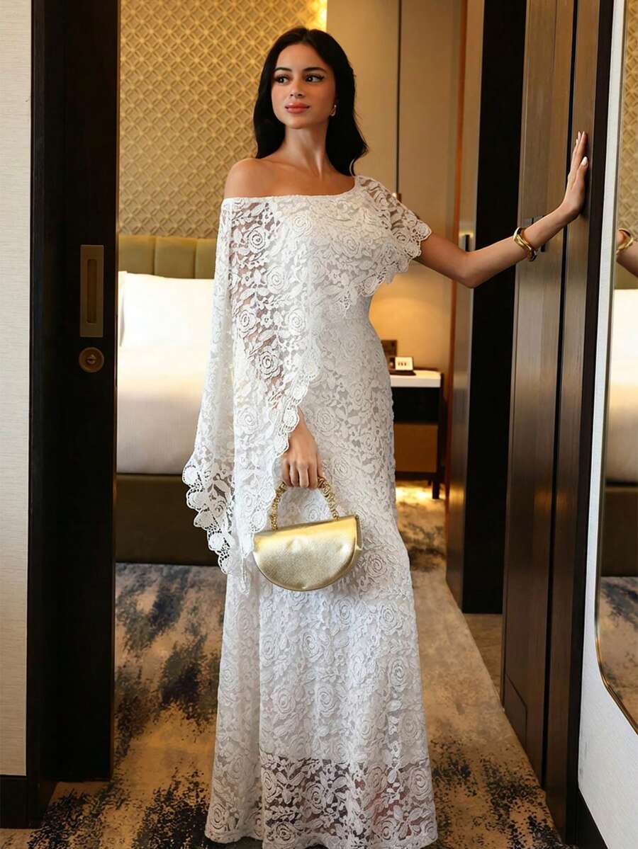 Modelyn 女士优雅派对纯色蕾丝不对称领连衣裙