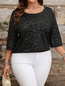 EMERY ROSE 夏季大码休闲亮片圆领T恤 - 黑色 - 查看 7