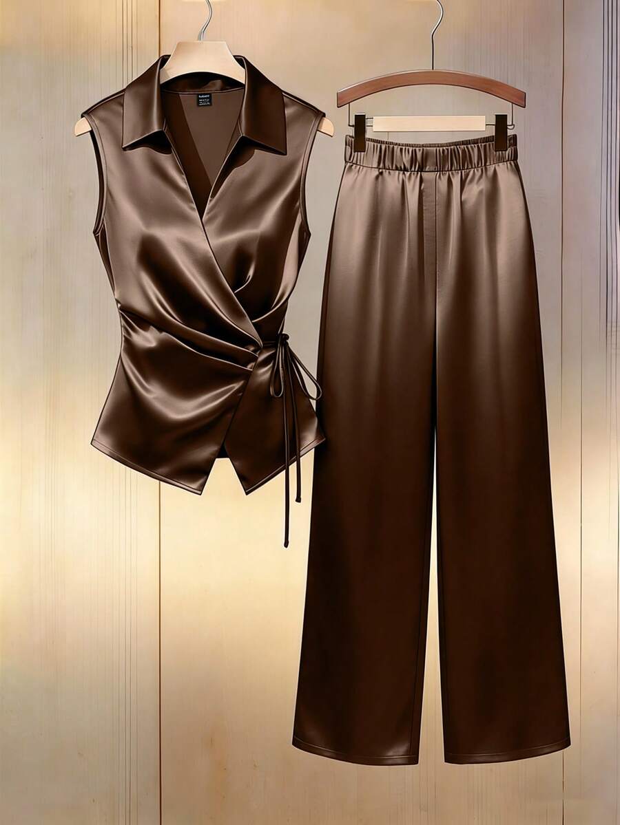 Franclia 女士休闲优雅棕色翻领无袖上衣，不对称下摆系带设计，搭配丝质宽松长裤，两件套，适合日常穿着/通勤/约会/办公场合。 - 棕色 - 查看 1