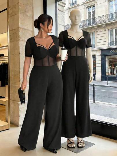 Firerie Mono elegante de diseño de malla con cordones y diseño hueco, adecuado para vacaciones, Año Nuevo, fiestas, oficina elegante, para mujer de talla grande. Sofisticado para el té de la tarde, ligeramente sexy para citas, música, conciertos y fiestas.