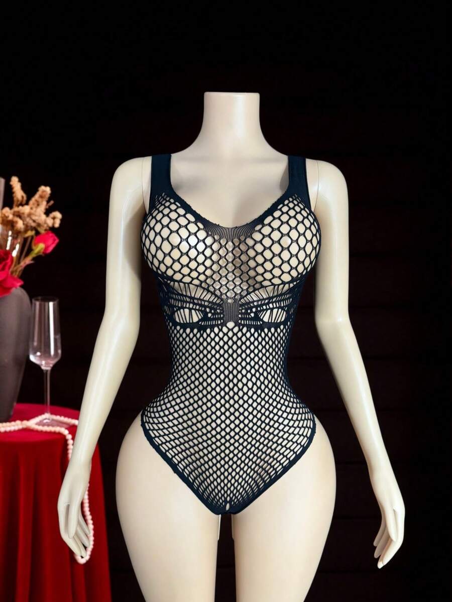 1 bộ đồ liền thân lưới không tay khoét lỗ gợi cảm dành cho nữ - màu đen - Xem 1