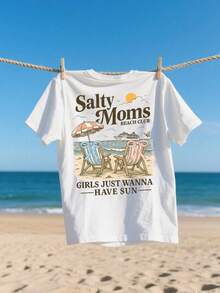 Salty Moms Beach Club Print Summer Vacation T-Shirt - White - View 3