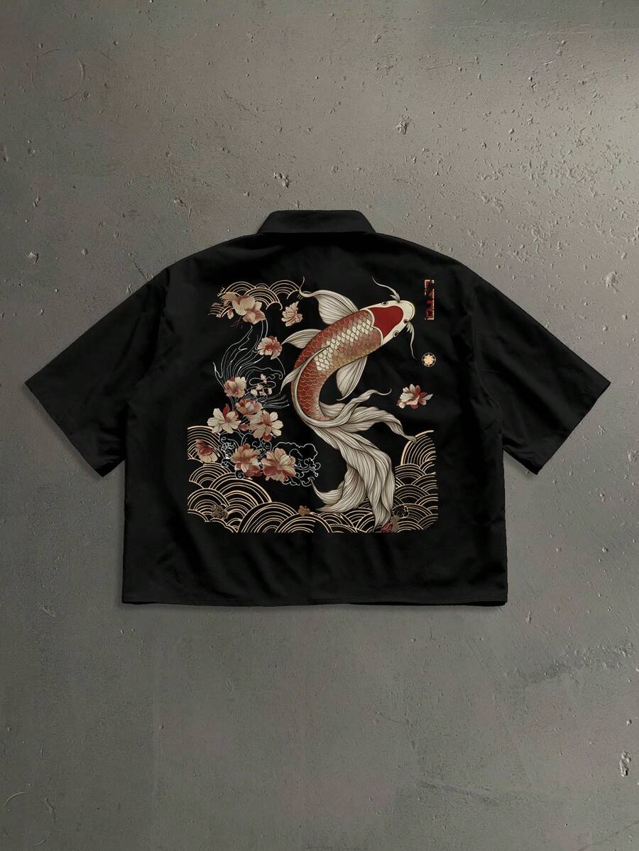 StoneGrade 日本浮世绘锦鲤水中游动印花宽松黑色短款短袖翻领衬衫，时尚休闲，适合约会和聚会，是送给男友的理想礼物 - 黑色 - 查看 1