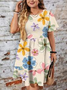 EMERY ROSE Casual Loose Fit Round Neck Short Sleeve Plus Size Dress, Suitable For Autumn/Winter - Multicolor - View 4